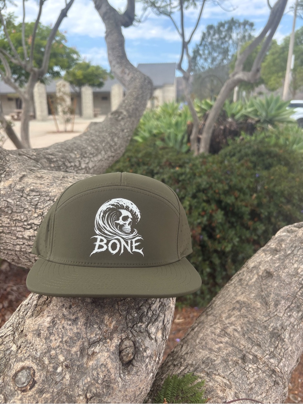Olive/Black Camp-Style Cap with Skull Wave Logo